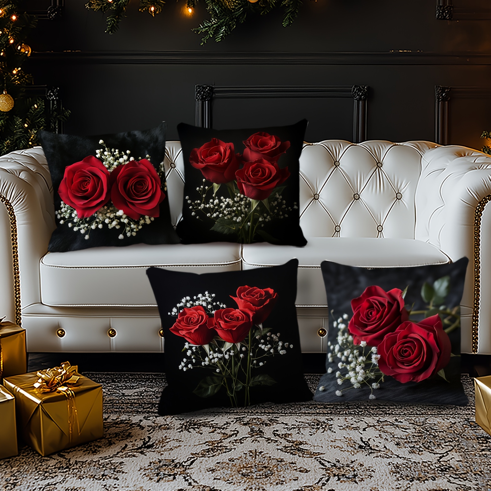 TEMU 4pcs Set Of And Fashionable Red Rose And Gypsophila Pillowcases Suitable For Daily Valentine's Day Decoration, Festivals, Parties, Home Rooms,