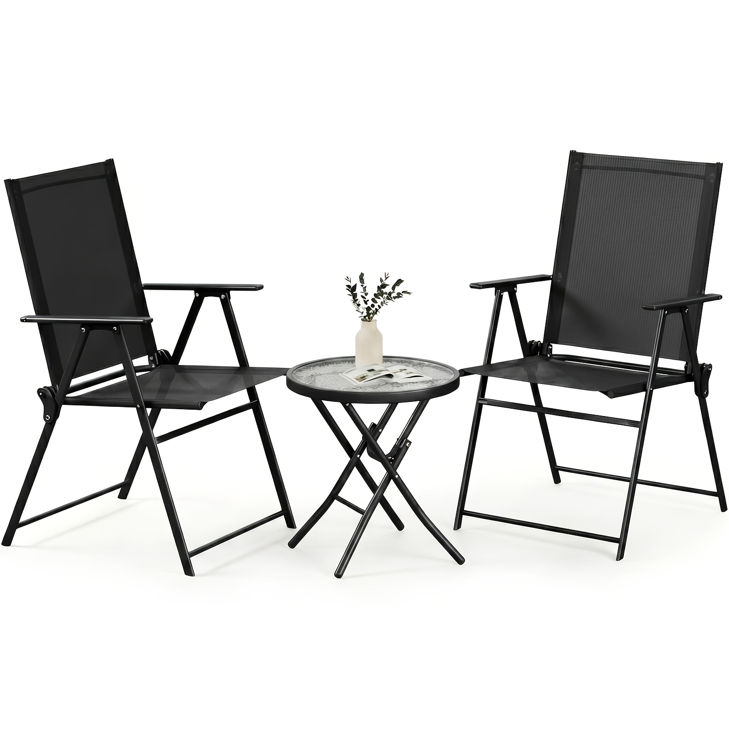 Image of 3pcs Garden Furniture Set, Bistro Set, 2 Chairs And 1 Temple Glass Table, Chair Capacity 120 Kg, Tabletop Capacity 25 Kg, Fabric And , Each Item Foldable, Thickness Of 6 Cm When Folded, Easy To Store