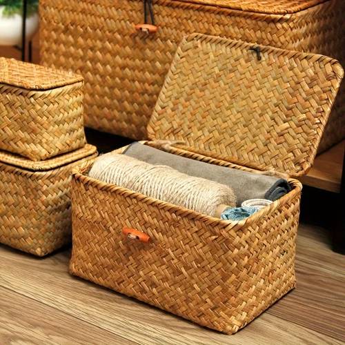 1pc handmade woven storage basket creative covered storage box gift organizing box 2pcs size options storage basket desktop organizing storage basket shelf baskets