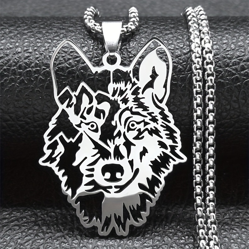 

Stainless Steel Silvery Necklace With Wolf Head Pendant For Men, Animal-themed Jewelry Ns02