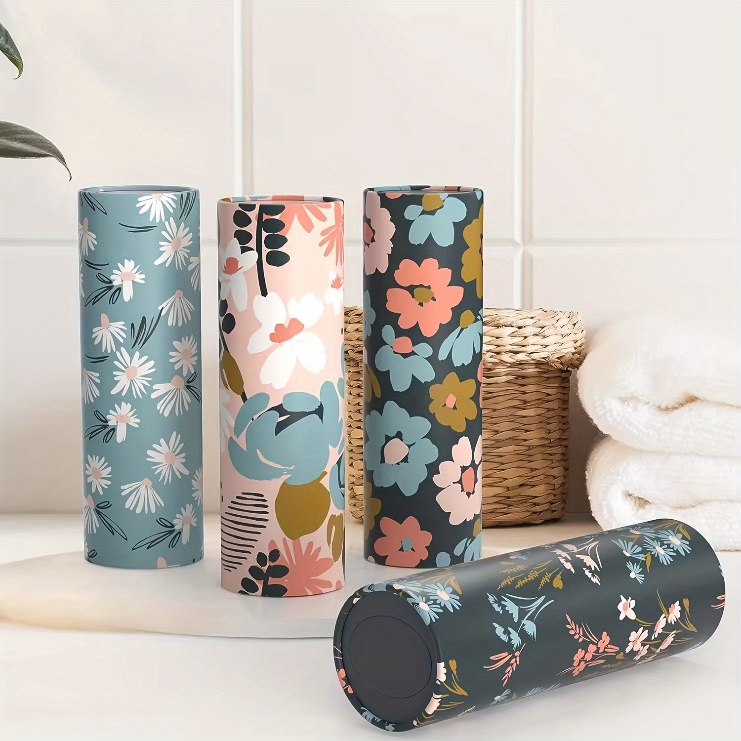 

4-pack Floral Print Car With - Non-woven Fabric Boxes For Vehicle Cup Holders, Universal Containers