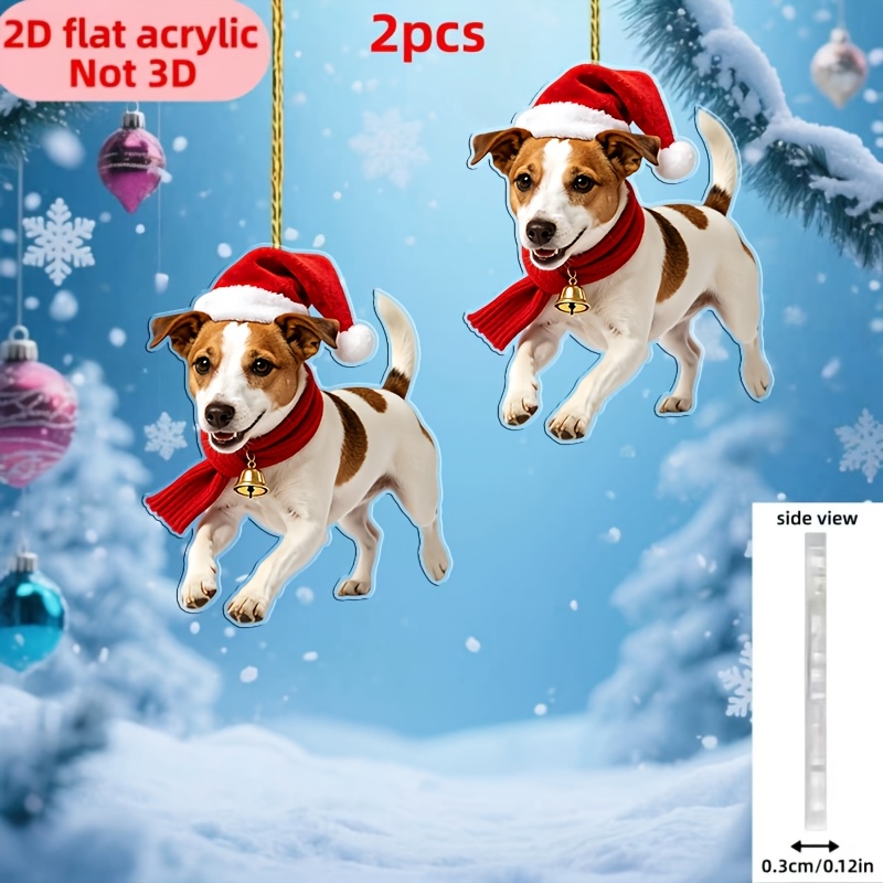 TEMU 2d Flat, 2pcs Cute Terrier Designs Wearing Christmas Hats, Acrylic Christmas Hanging Ornaments, Christmas Backpack Decorations, Home Hanging