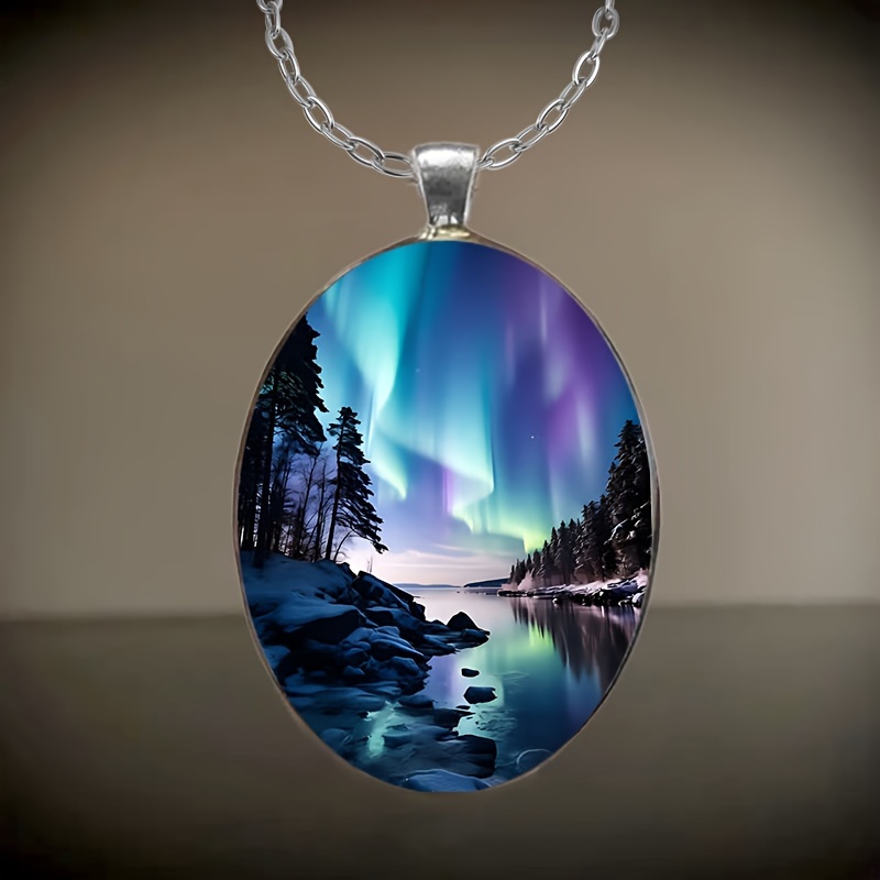 

1pc Fashion Elegant Aurora Pattern Oval Glass Necklace Romantic Gift Jewelry