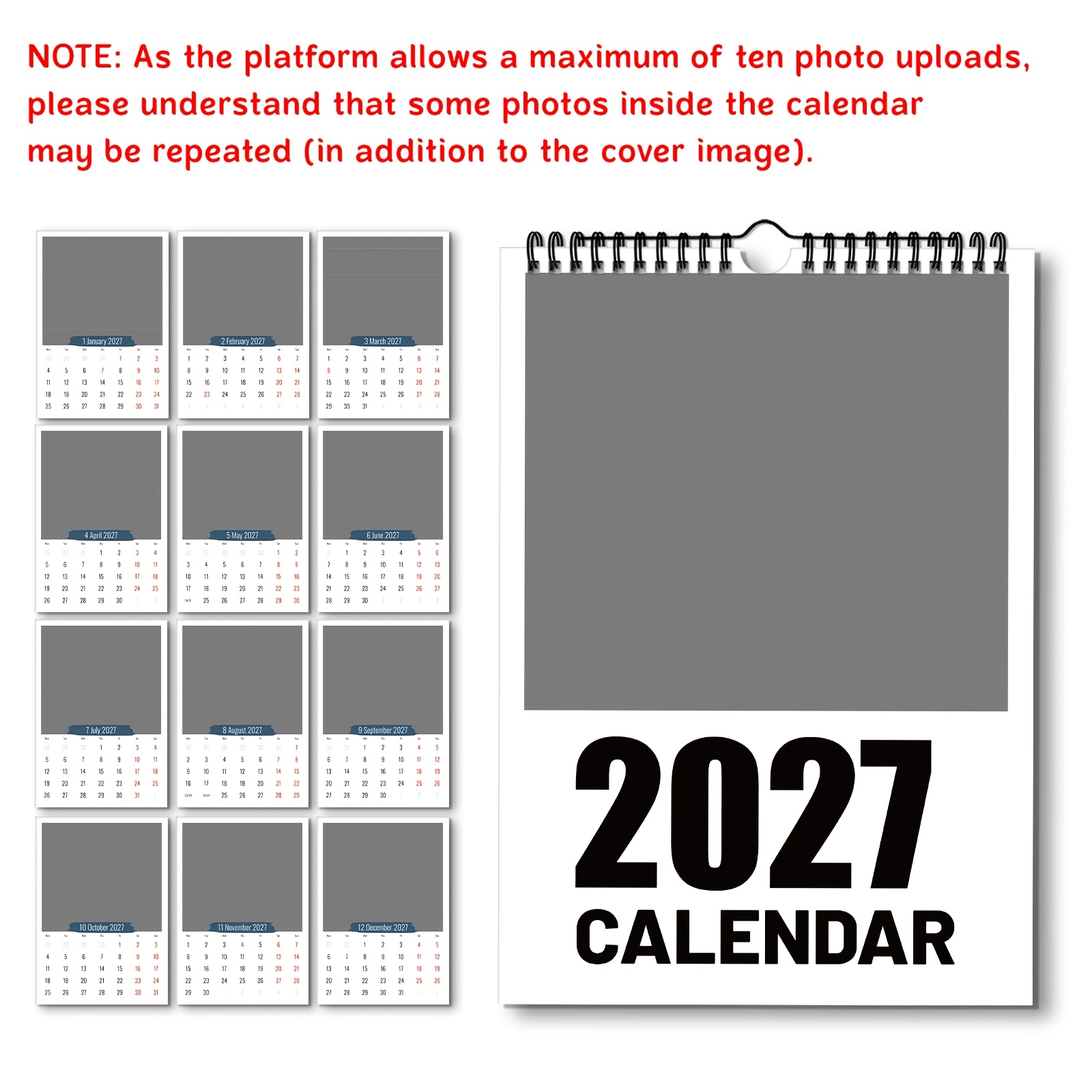 TEMU 1pc Calendrier mural personnalisé 2027, calendrier photo suspendu personnalisé avec spirale et crochet mural, planificateur mensuel de souvenirs