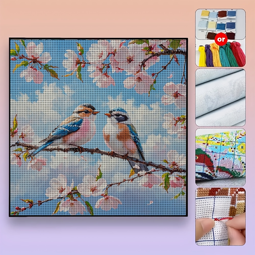 DIY Cross-Stitch Printed Kit with Two Birds on Pink Flower Branch
