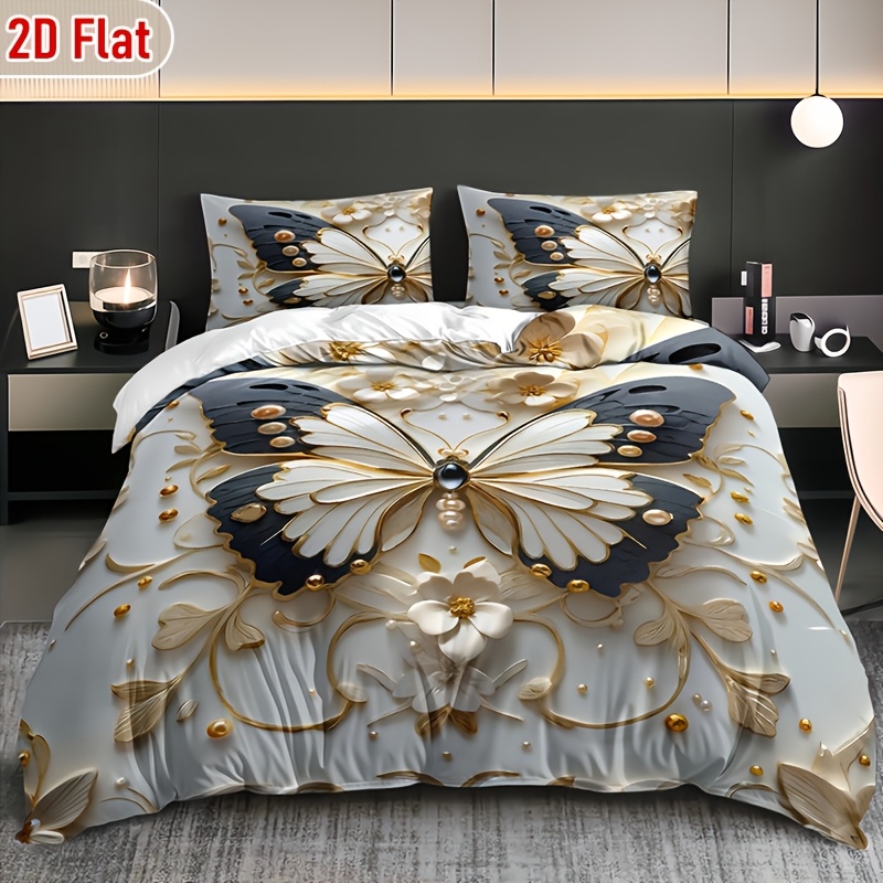 TEMU 2d Flat 3pcs Golden Stroke Black White Flower Duvet Cover Set | 1 Duvet Cover + 2 Pillowcases, High Definition Digital Printing, Polyester, Viscose, Machine Washable