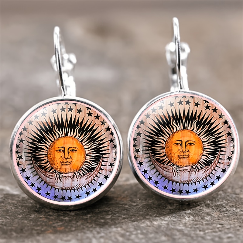 2pcs Set Round Glass Earrings with Radiant Sun Face Design