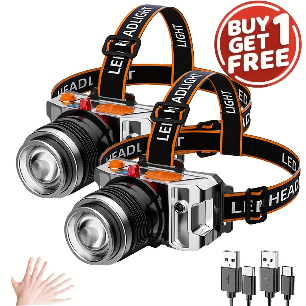 TEMU Buy 1 Get 1 Free - 2pcs Rechargeable Led Headlights With Adjustable Strap, Led Display, 5 , Usb Charging - Outdoor Activities Like Running, Hiking, Camping, Trekking Headlamp Abs Construction