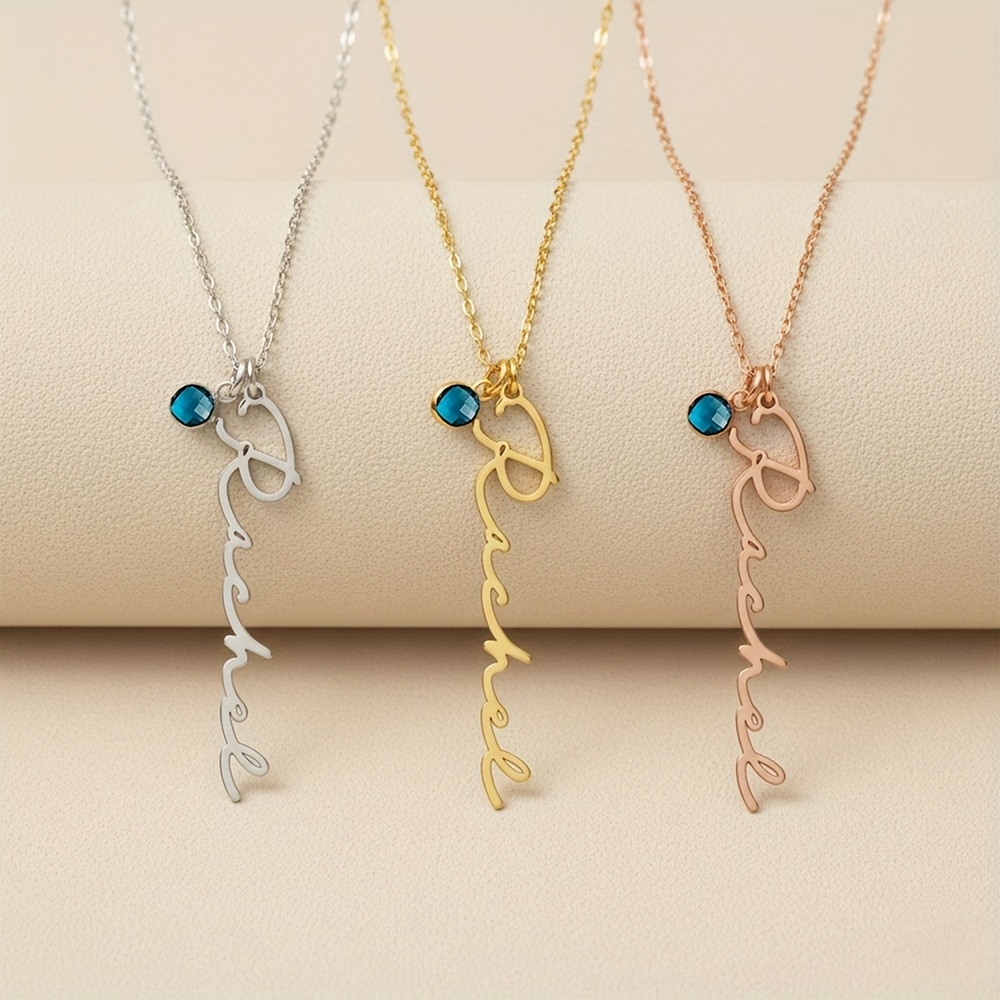 Women's Personalized Vertical Name Necklace with Birthstone Pendant