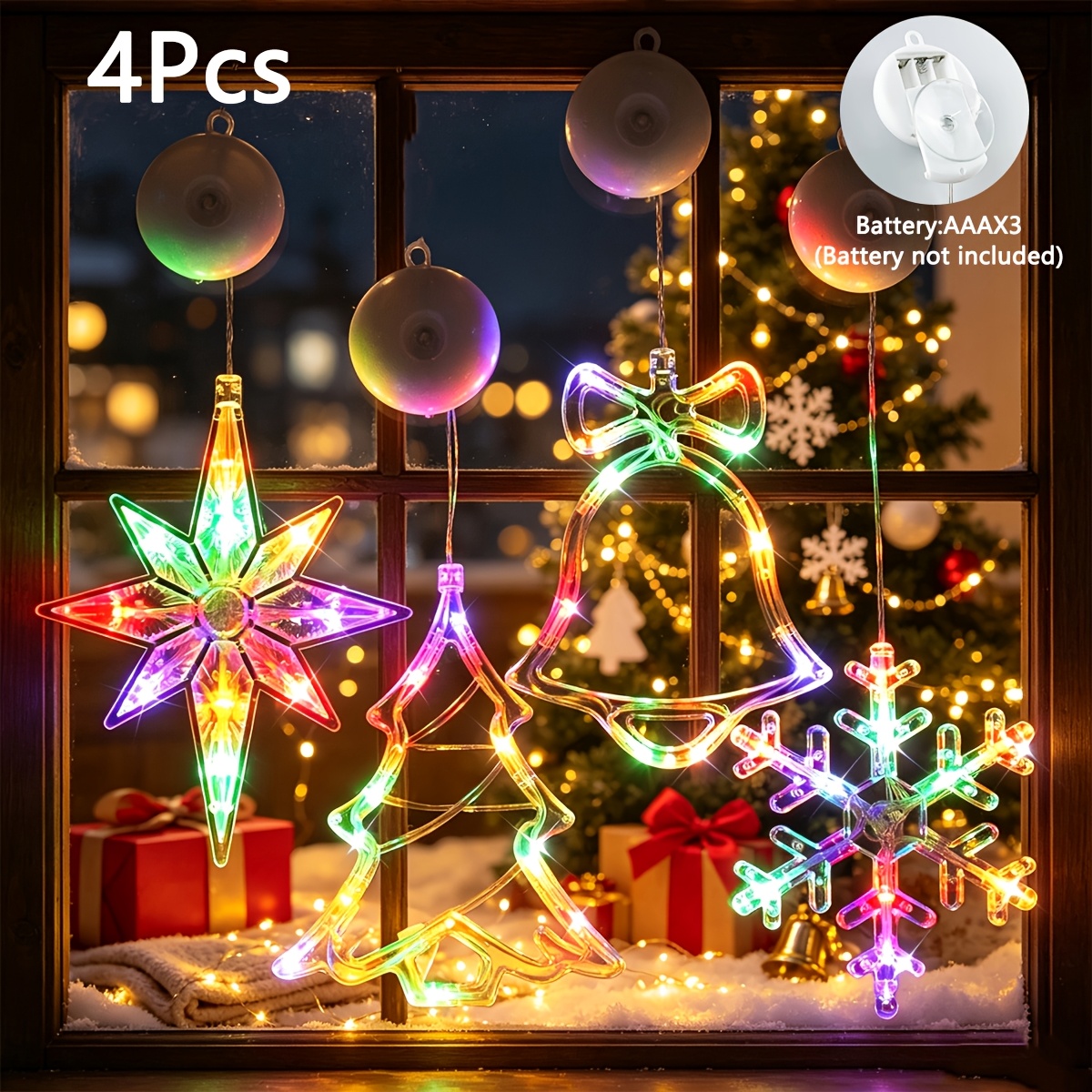 TEMU 4pcs, Christmas Hanging Suction Cup Led Ornaments, Party Packs, Christmas Decorations, Snowflake Shaped String Lights, Window, Curtain, Battery