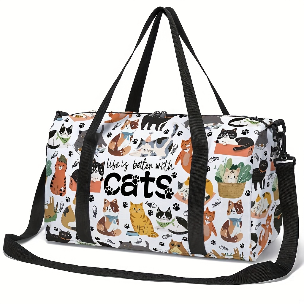 TEMU Women's Cute Cat Print Gym Bag - & Tote With " With Cats" Text, Durable Polyester Yoga, Travel, Shopping Bag - Machine Washable For Everyday & , Design, Sturdy Handles, Fitness Enthusiasts
