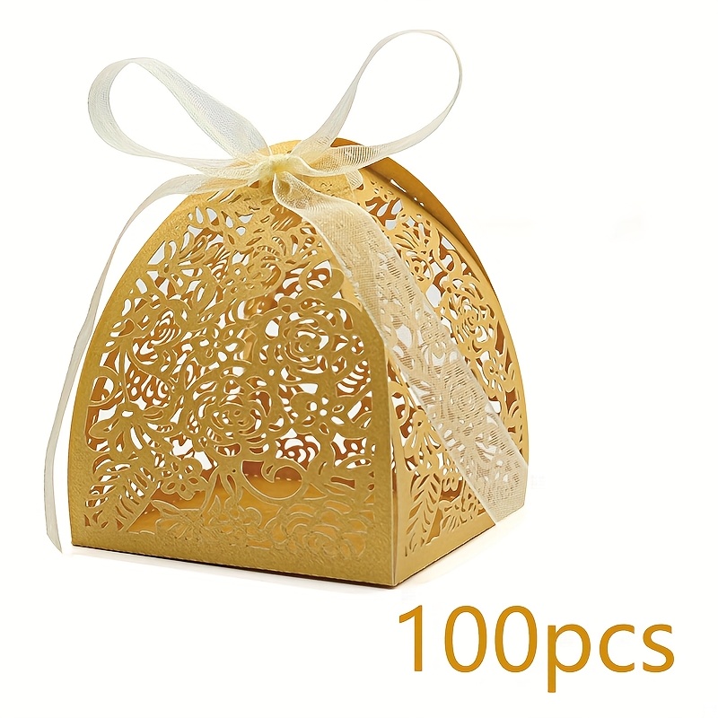 TEMU 100pcs Box Chocolate Gift Box Laser Cut Wedding Favor Boxes Suitable For Bridal Shower Birthday Party With Ribbon Golden