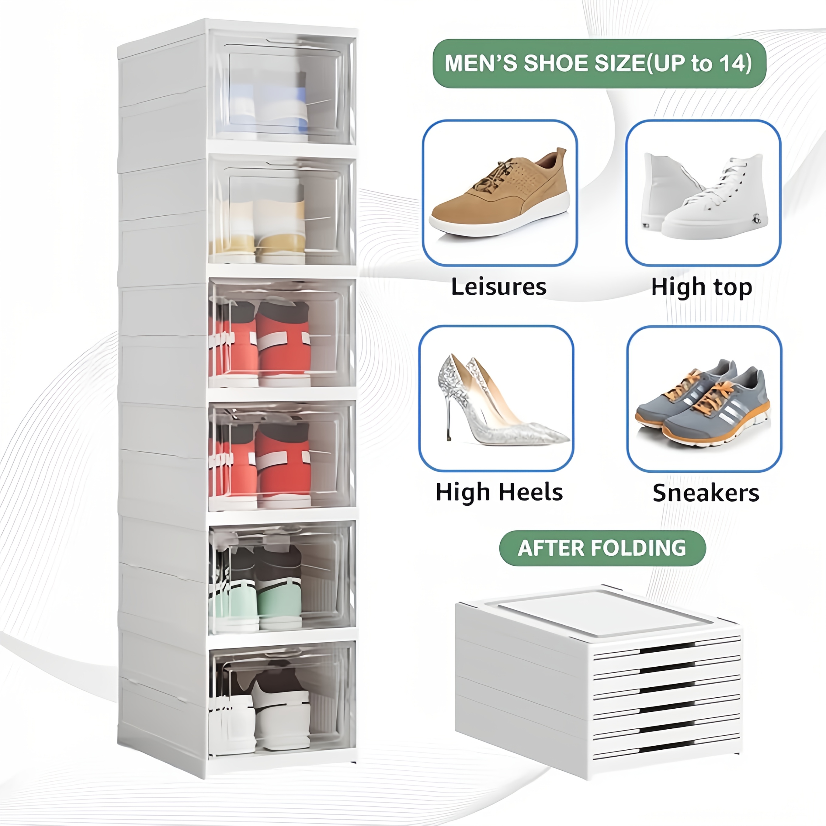 6-Layer Foldable Shoe Cabinet with Transparent Doors & Dustproof Lid - Large Capacity Space-Saving Plastic Storage Box Suitable for Entryway, Hallway, Shoe Rack, No Assembly Required, -Standing Design for Use
