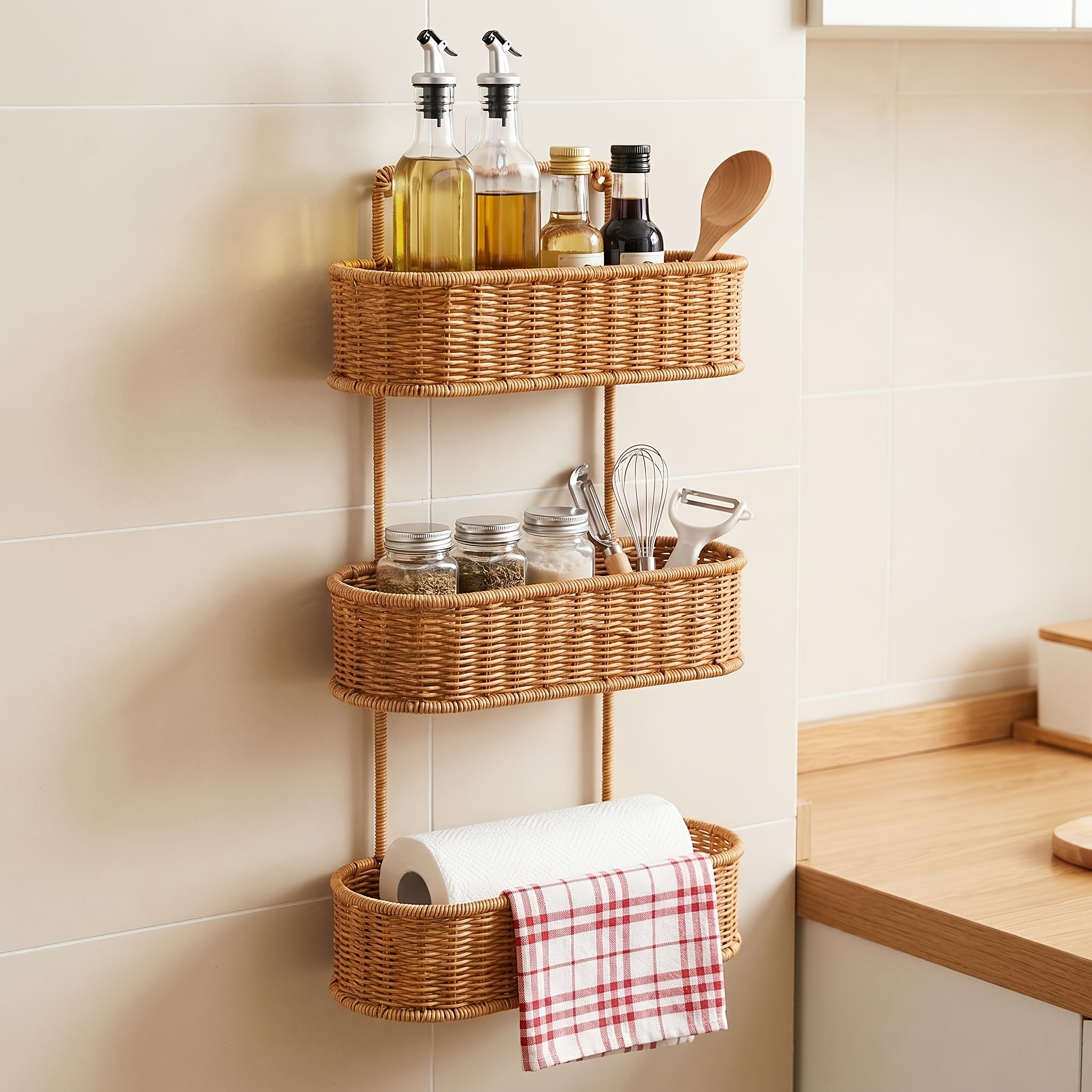 Image of Rattan-like Woven Bathroom Shelf, No-drill Toilet Organizer, Shower Gel Rack, European Style