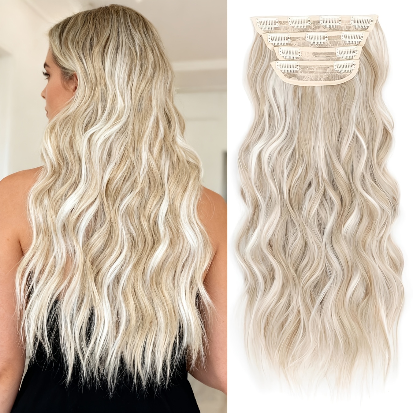 TEMU 20inch White Golden Highlight Hairpiece Clip-in Long Curly Hair Extensions (4pcs) High Density Hairpiece Double Layers Synthetic Fiber Weave