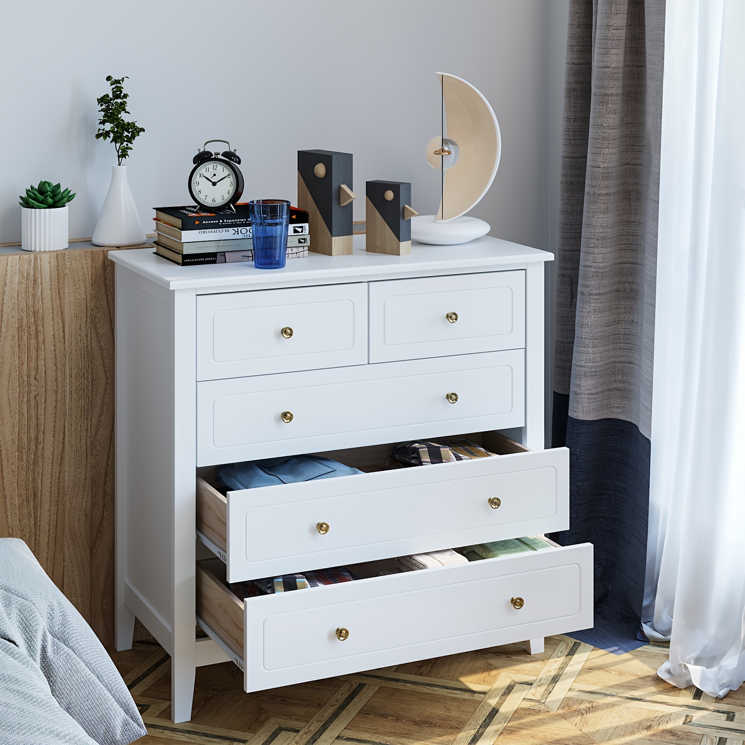 Comò Cassettiera Per Camera Da Letto Settimino Con 5 Cassetti Design Moderno Salvaspazio Mobile Comodino 110 x 40 x 61 Cm Bianco E Grigio Cemento | Leroy Merlin