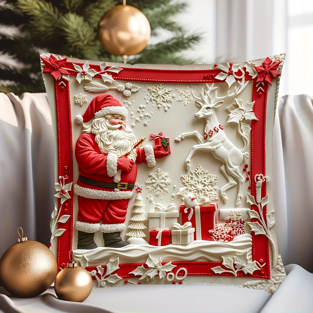 

1pc Contemporary Christmas Throw Pillow Cover, Santa & Reindeer Design, Digital Print, Zip Closure, 100% Polyester, Hand Wash Only, For Sofa & Home Decor - 17.7" X 17.7