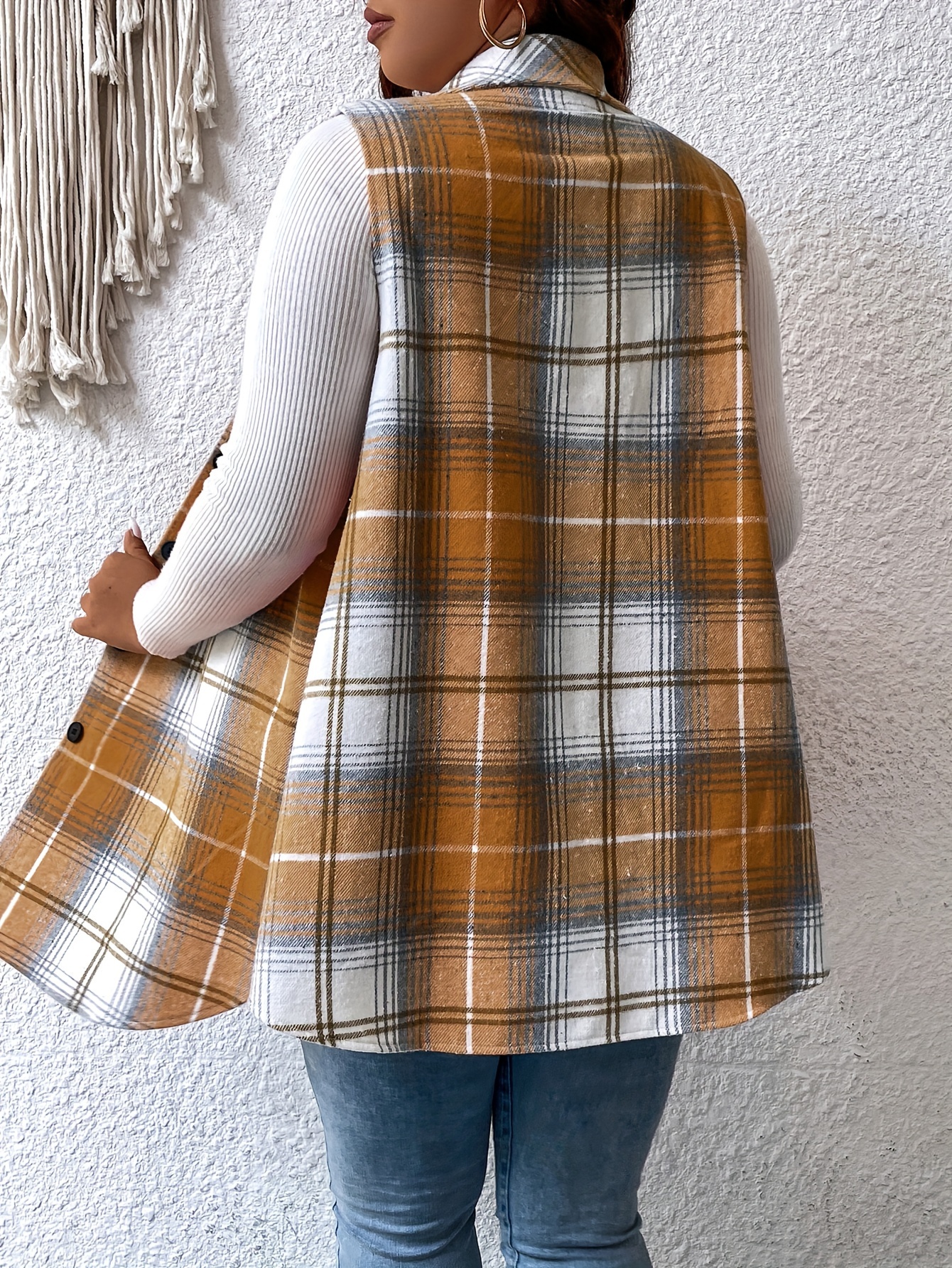 Plus Size Plaid Pattern Button Front Vest, Casual Sleeveless Flap Detail Gilet Jacket For Fall & Spring, Women's Plus Size Clothing