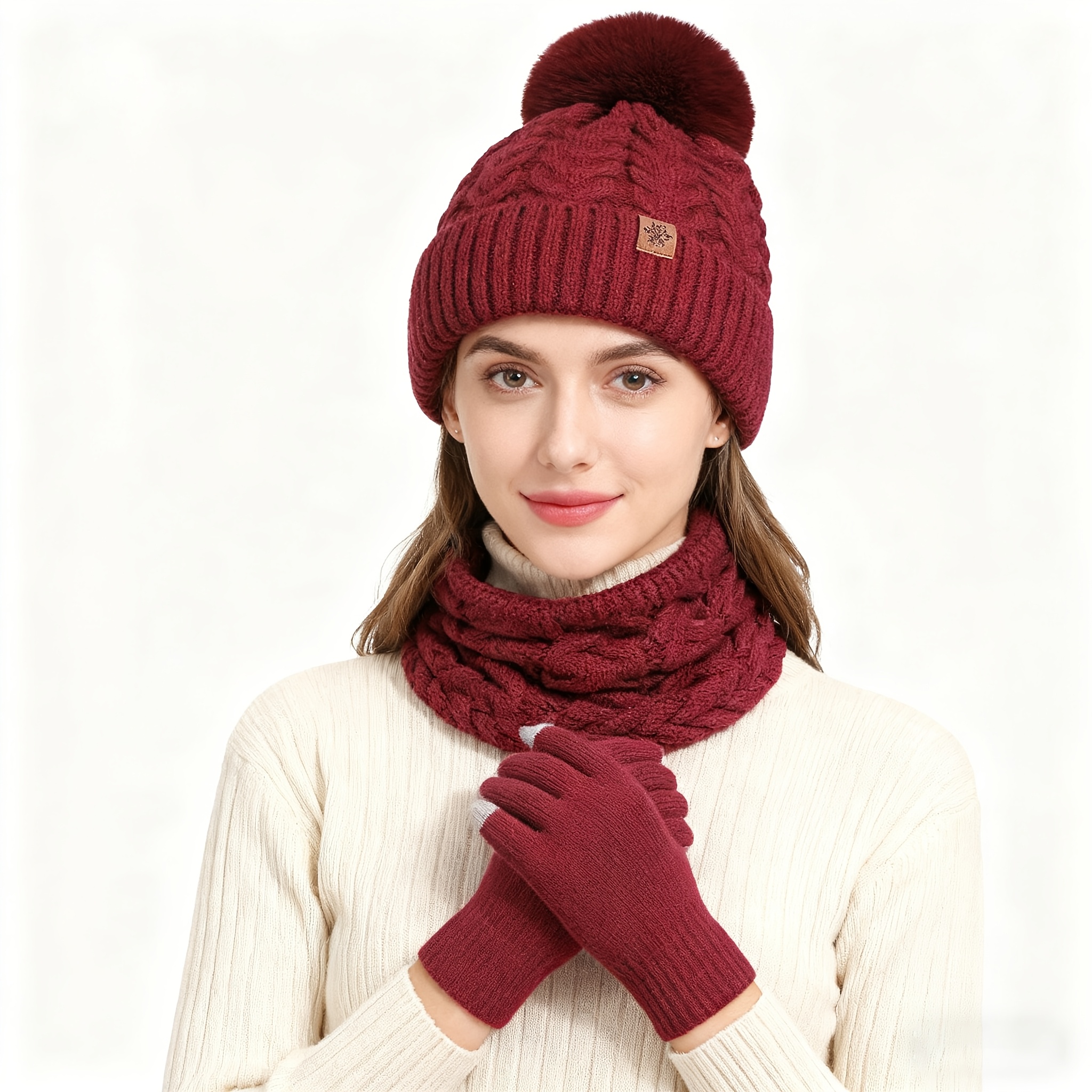 womens 3pcs winter set cable hat touchscreen gloves - Temu  display picture 1