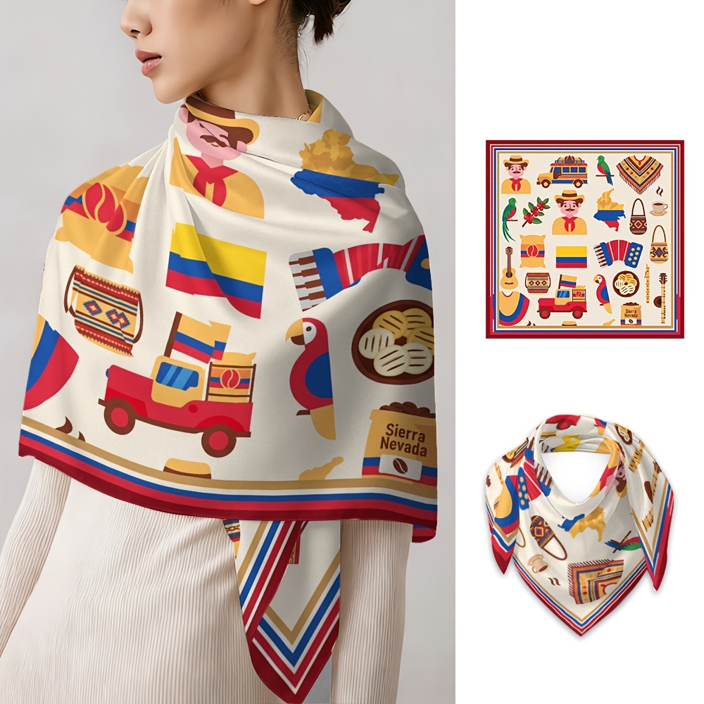 TEMU 1 pieza Pañuelo de cabeza de moda con collage folclórico tradicional, y autobús , para salidas, accesorio para toda temporada, bufanda de moda