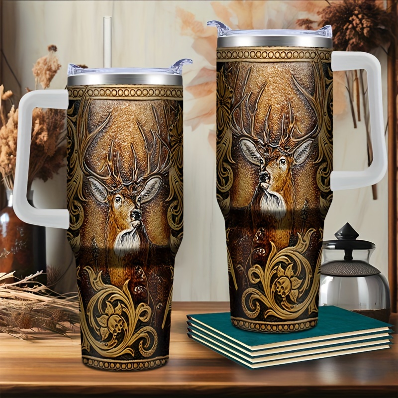 TEMU 40oz Stainless Steel Insulated Tumbler With Deer Hunting Print, Leak-proof Elk Themed Travel Mug For Fitness & Travel, Gift For Hunters, Birthday Present