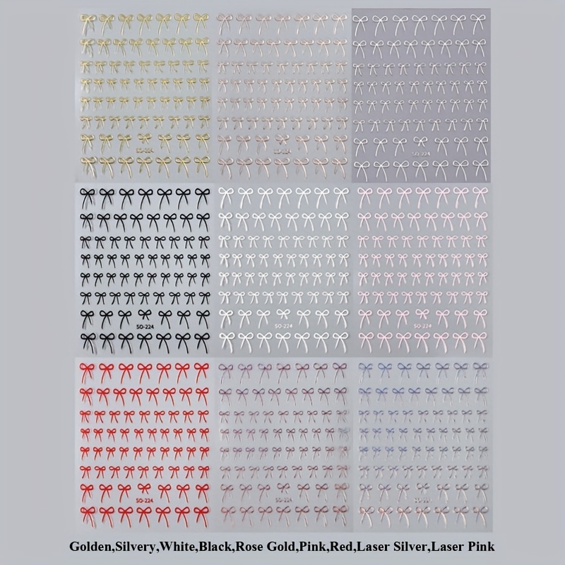 9pcs Valentine's Day Metallic Bow Nail Art Stickers Sparkling Golden Silvery Laser Bowknot Design Y2k Luxurious Self-adhesive Sliders Decals Decorations For Elegant