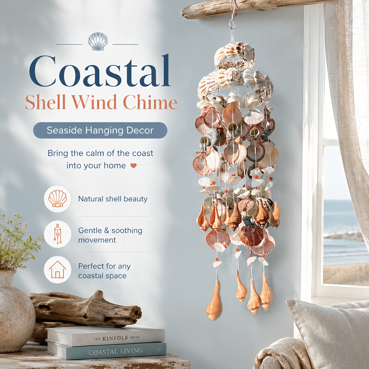 Seashell Wind Chime With Beads & Hook - Layered Hanging Shell Wind Chimes Suitable For Windows, , Patios, Gardens, - Outdoor/ Beach Decor, Coastal Shell Wind Chime For Seaside Rooms, Shell Decoration