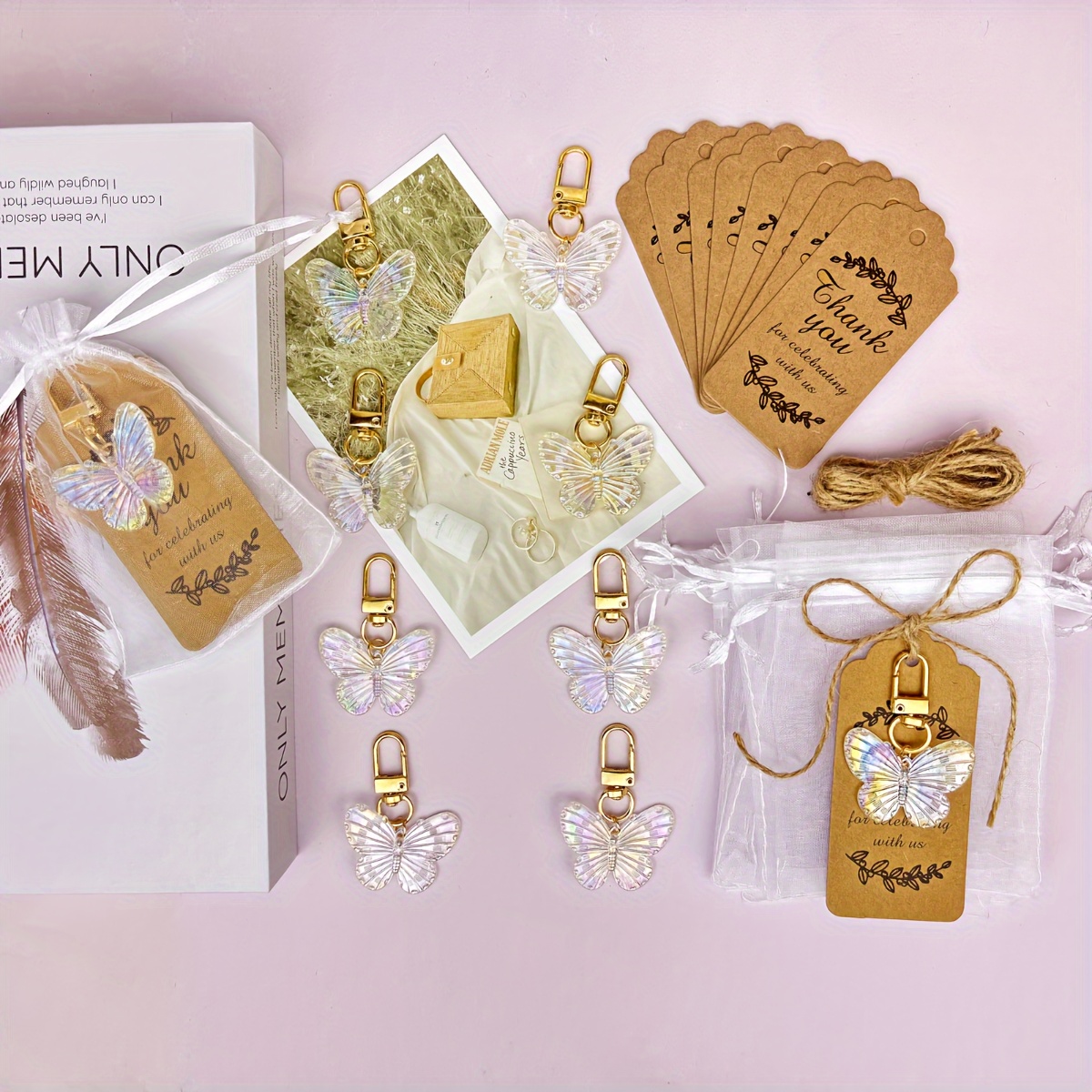 

31-piece Butterfly Keychain Set - Acrylic White With Organza Bags, Thank You Tags & Hemp Rope - Perfect For Party Favors, School Rewards, Birthdays & Wedding Gifts