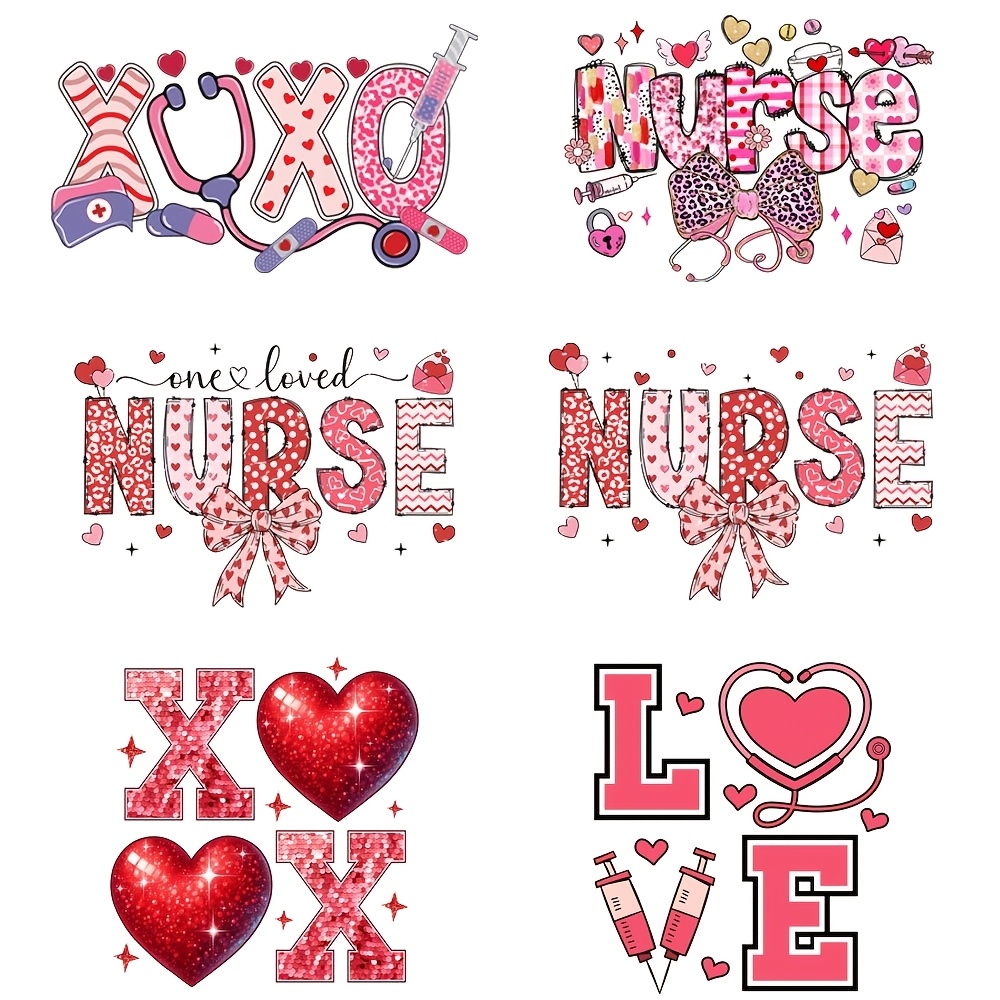 

6pcs/set Of Nurse-themed Valentine's Day Heat Transfer Stickers For Diy Washable Printed T-shirts, Iron-on Patches For Decoration.