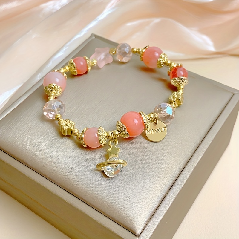 

Elegant Pink Beaded Bracelet With Cute Flower & Planet Charms, Fashion Jewelry, Gift For Women, Daily & Festive Accessory