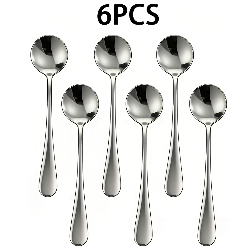 TEMU 6pcs Stainless Steel Round Spoon Cutlery Set - Soup Spoon, Serving Spoon, Watermelon Spoon, Dessert Spoon, Ice Cream Spoon - Home, Restaurant,