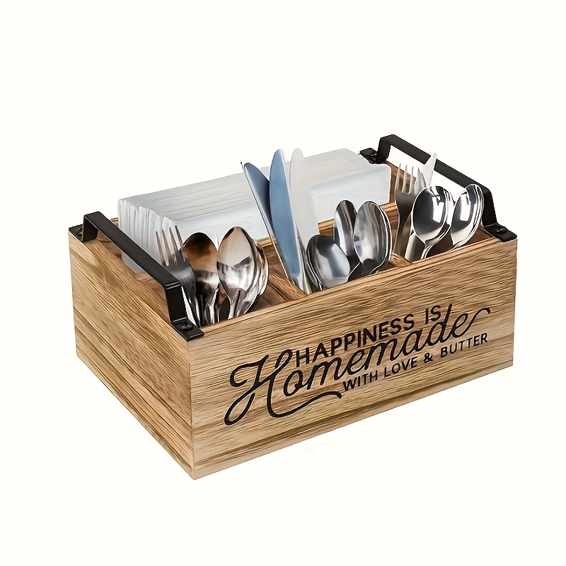1pc Black And Brown Tableware Rack On Kitchen Table, Storage Box For Kitchen Utensils, Flat Tableware Box And Silverware Storage Rack, Convenient Household Wooden Box With Handle Without Cover