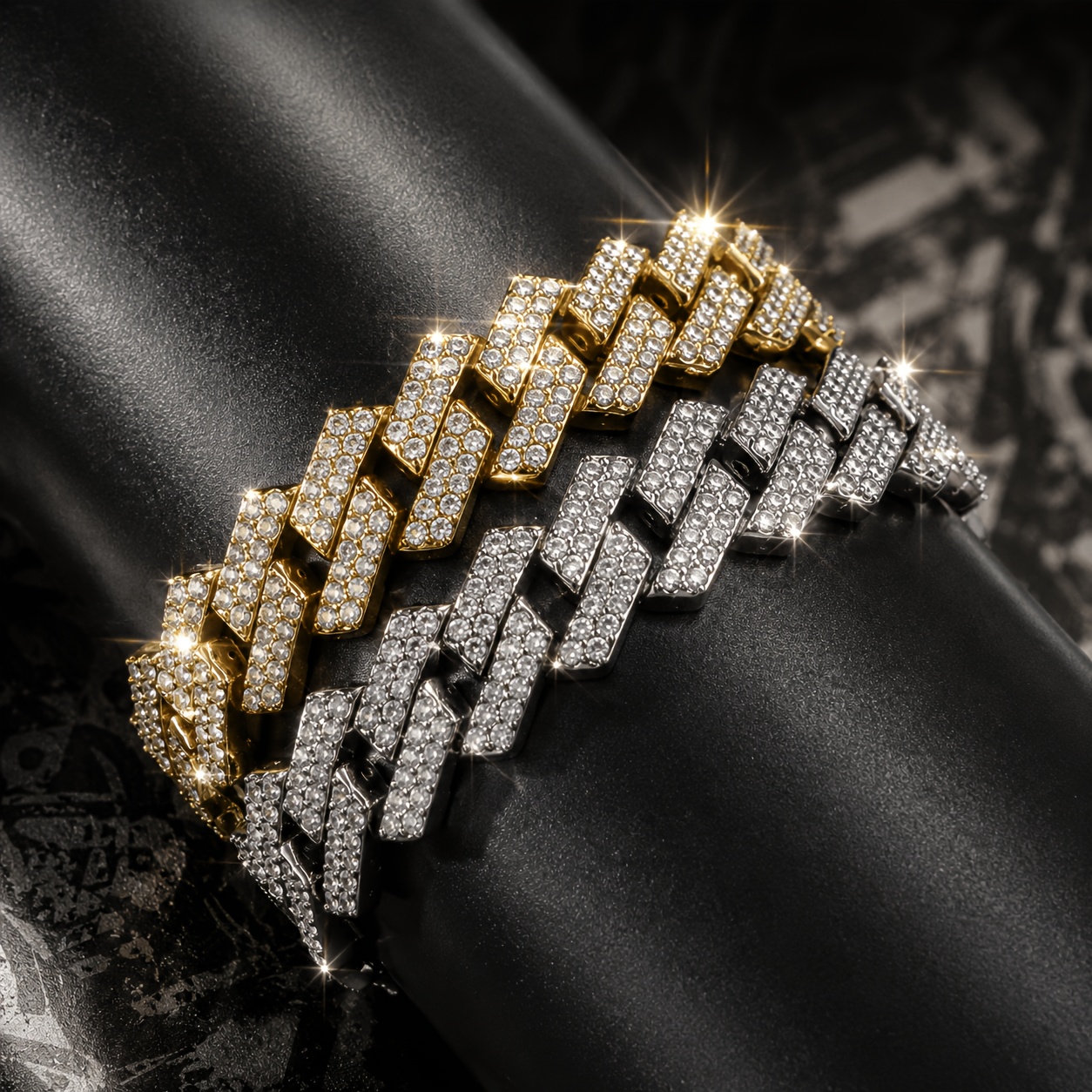 TEMU 2pcs, Men's Cuban Chain Bracelet, Golden Silvery Dual-tone Hip-hop Style Sparkling Wristwear, Street Style Party Accessory