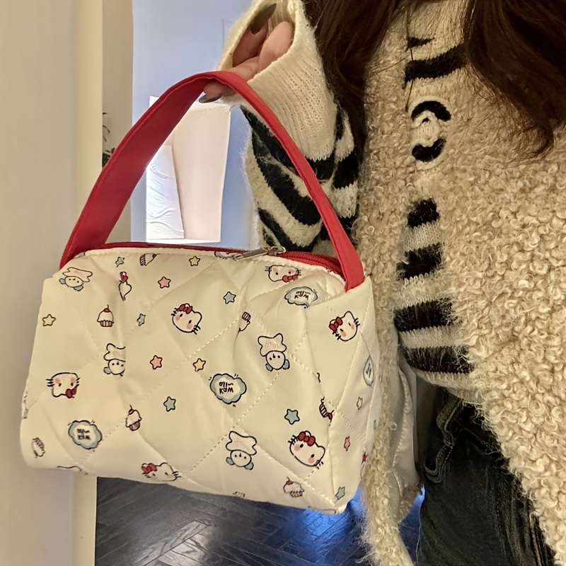 

Sanrio 2025 Kitty Cat Large Capacity Makeup Bag, Portable Travel Toiletry Organizer, Polyester, Unscented, White, Positioning Printing, Women's Handbag For Back To School Essentials