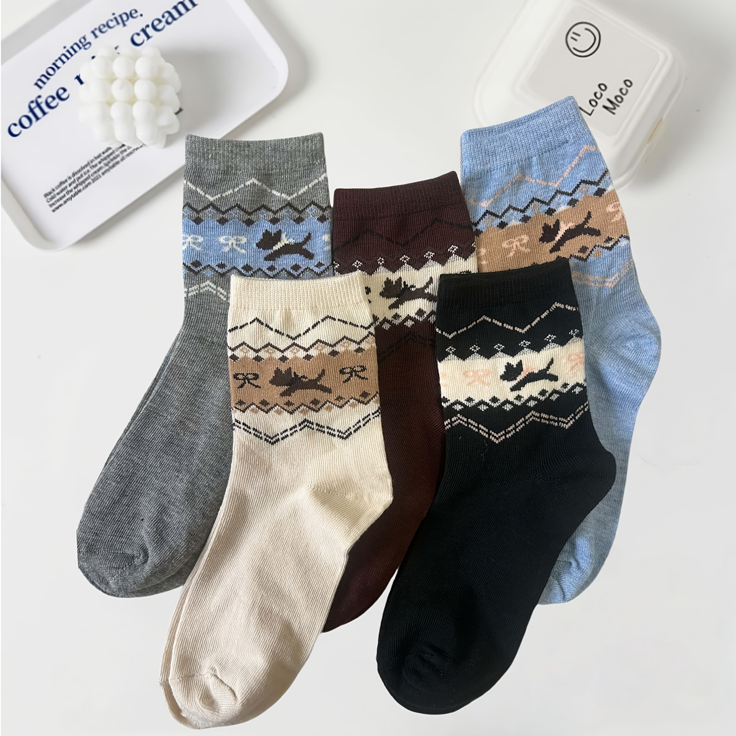 TEMU 4-pack/5-pack Women's Mid-calf Socks, Cute Cartoon Geometric Pattern Vintage Socks, Outdoor Sports College Casual Socks, Gift Socks, Warm For