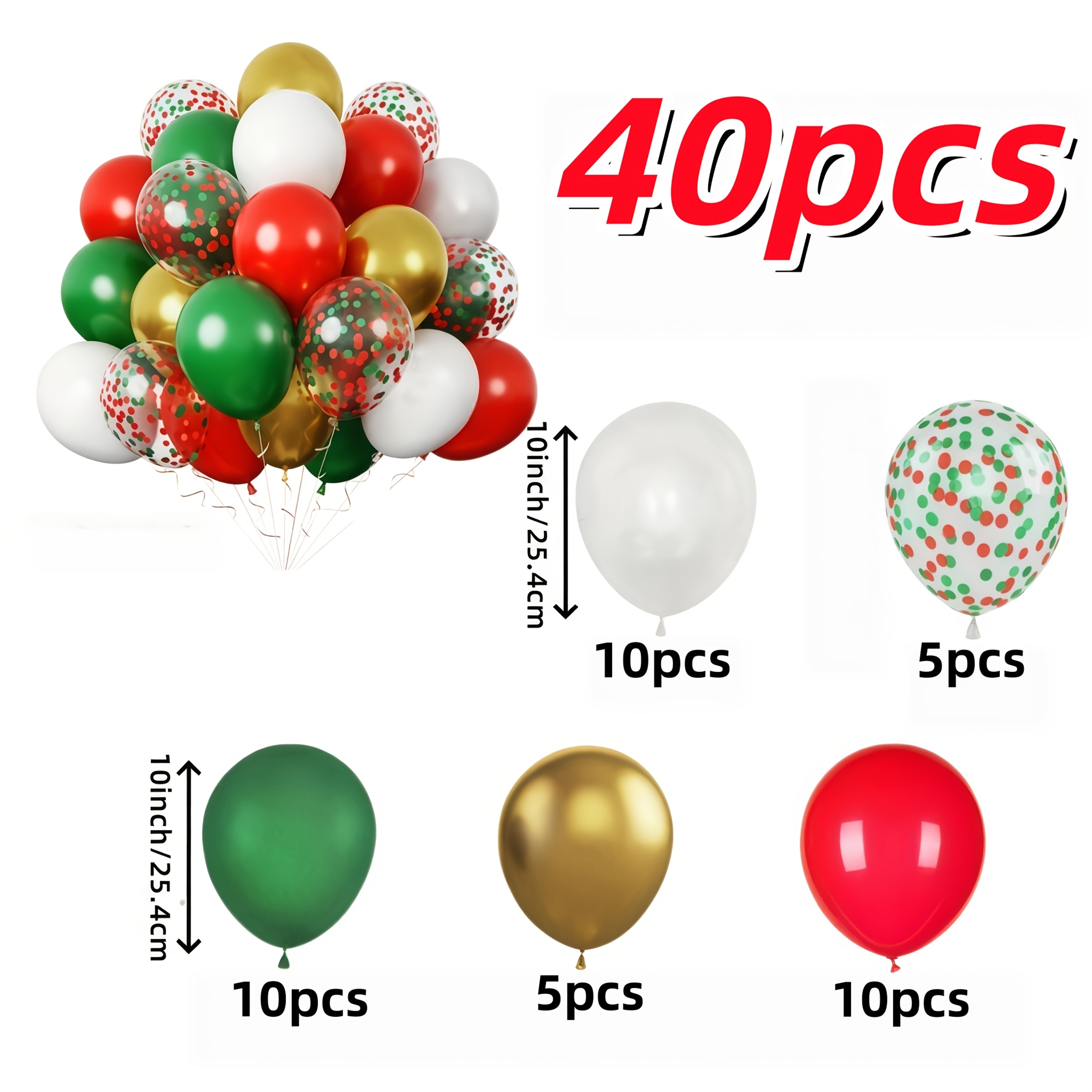 TEMU 40pcs Red Green White Metal Golden, Red Green Glossy Latex Balloon Set, Suitable For Birthdays, Party Balloons, Christmas, New Year,