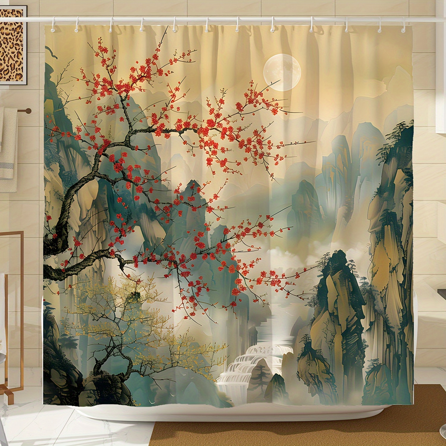 

1pc Mountain Plum Printed Shower Curtain, Waterproof Shower Curtain With Hooks, Decorative Bathtub Partition Curtain, Bathroom Accessories, Home Decor