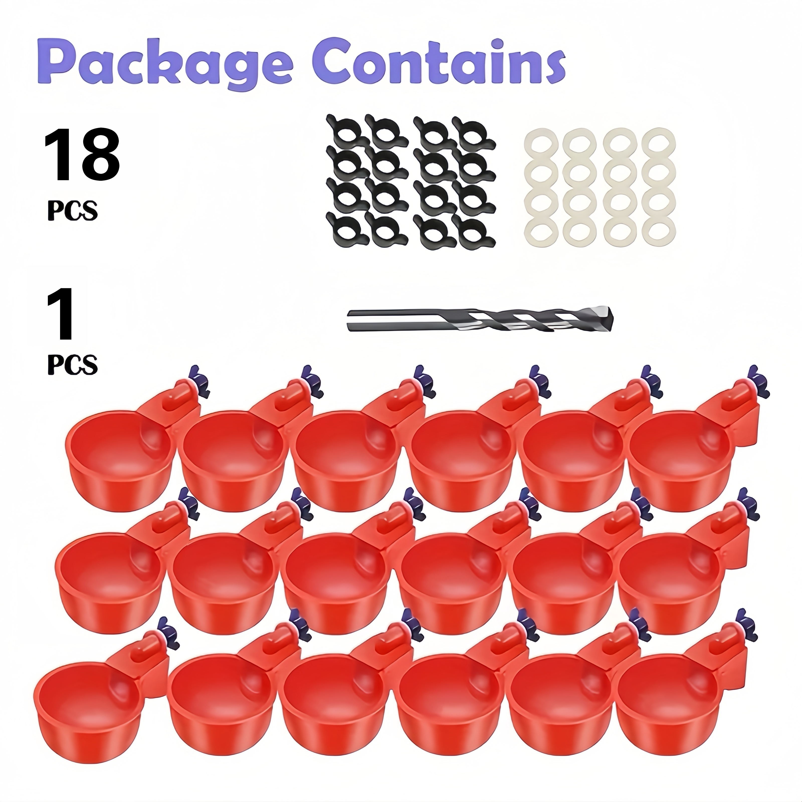 

18pcs Cups With Drill Bit, Poultry Feeder, Bowl For Ducks & Birds, Self-filling And Stopping, Complete With Holders And Install Kit
