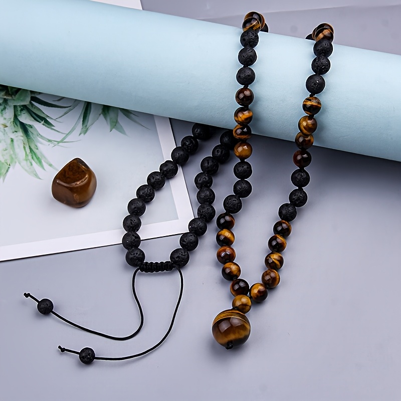 Chic 8mm Tiger Eye & Lava Stone Beaded Necklace with Pendant