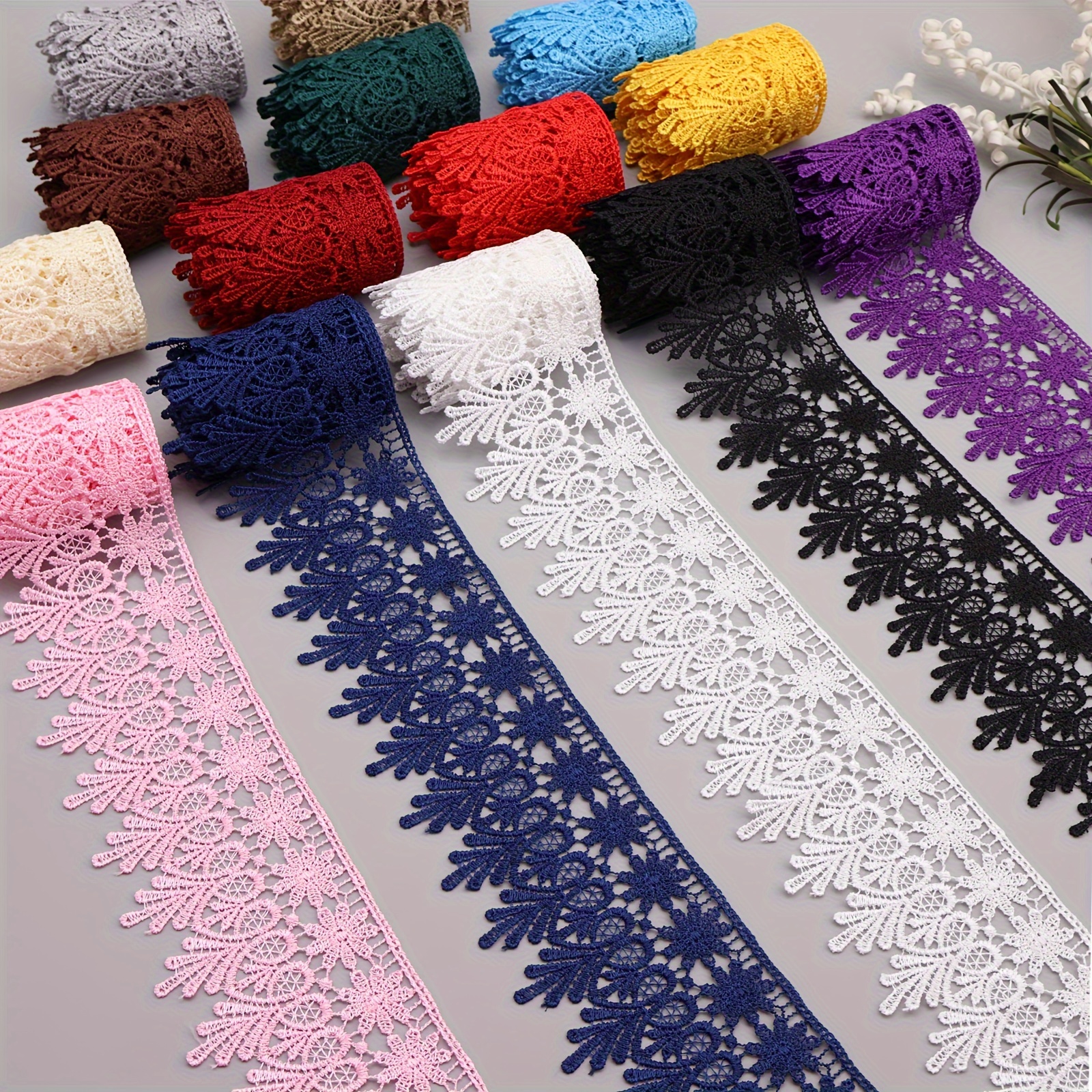 

Floral Eyelet Lace Trim Ribbon In Assorted Colors - Polyester, Intricate Design For Diy Sewing & Decor