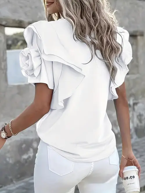 womens loose floral ruffle sleeve t shirt solid color round neck casual top for spring summer fall black 2xl comfortable clothing