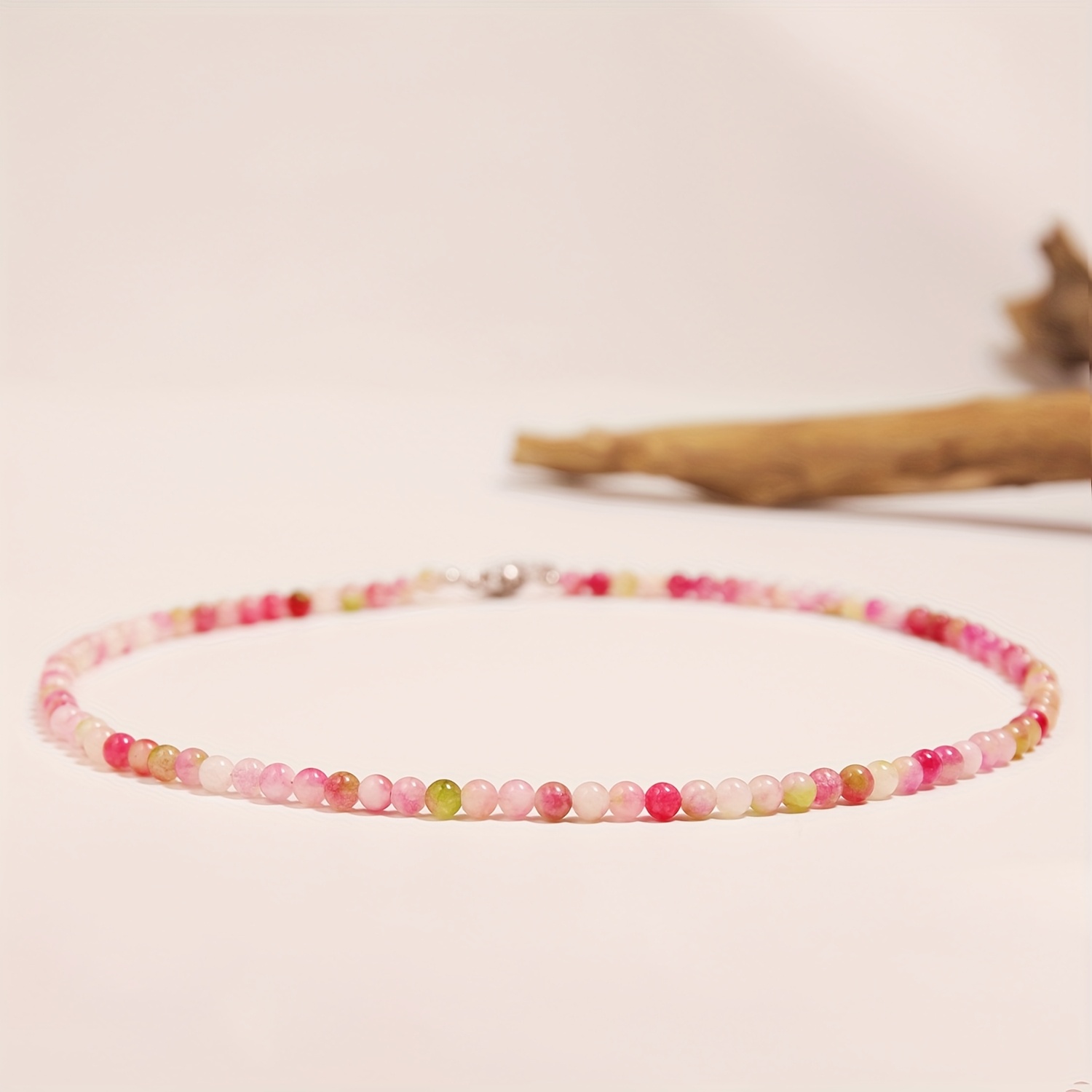 TEMU Collier Délicat en Perles de Quartz Pastel Rose à Gradient pour Femme - Perles Naturelles de Couleur , Bijou Élégant et Polyvalent pour Tous les