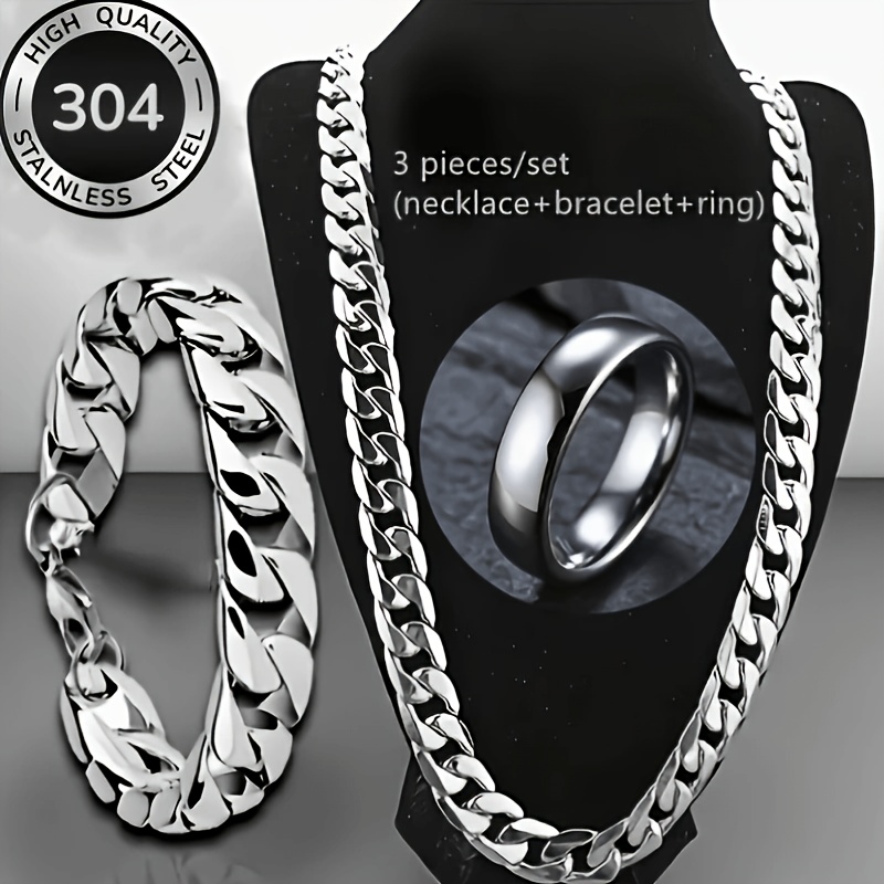TEMU Ensemble 3 pièces : Collier, bracelet et bague - Ensemble de bijoux de mariage classiques pour hommes, collier et bracelet à maillons cubains en
