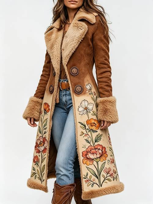 item picture womens brown tone jacquard print fur trimmed lapel and cuffs long sleeve long coat womens winter coat vintage ethnic elegant for daily vacation and autumn and winter occasions