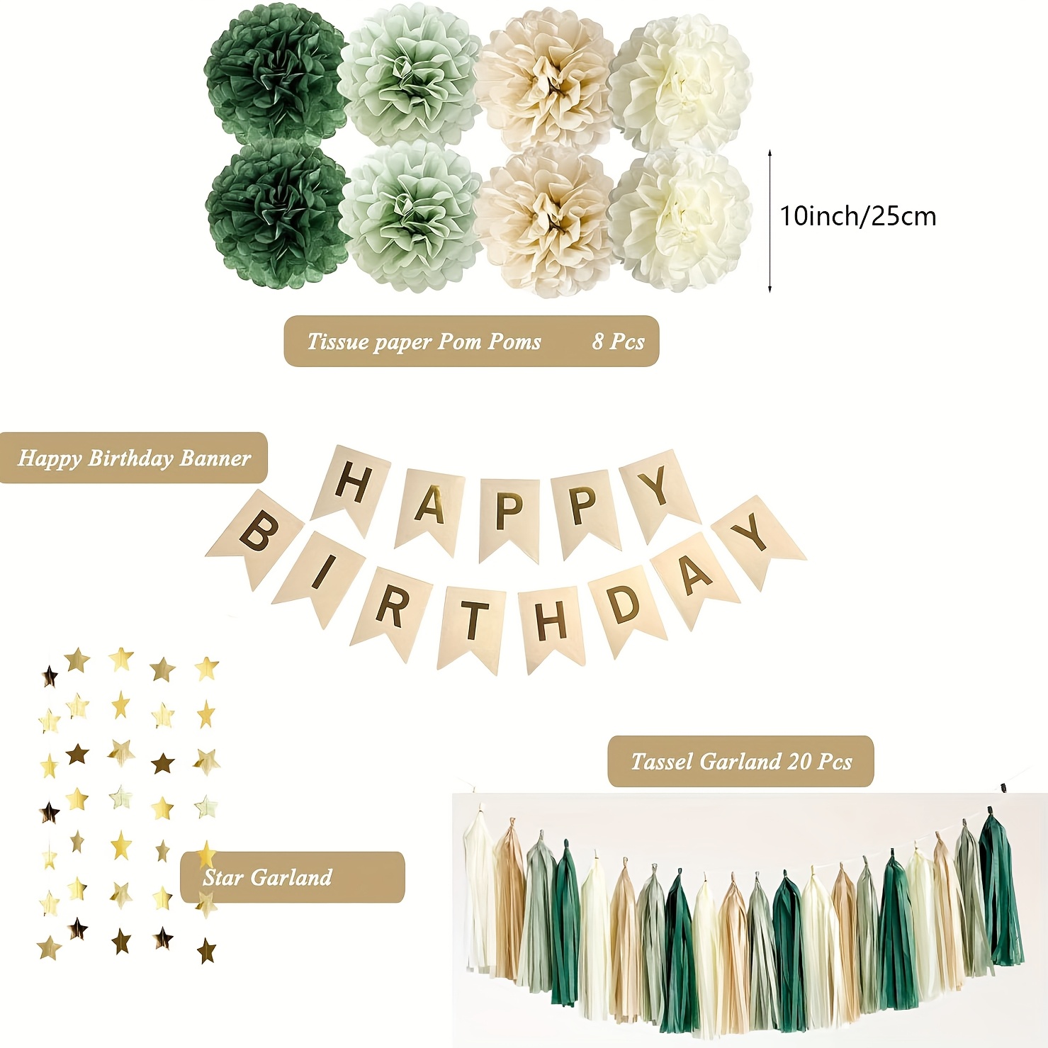 Image of 30pcs Set Of Avocado Green Tissue Pompoms, Paper Tassels, Glittering -pointed Star Strip Flags, Lotus Pink Birthday Party Flag Decorations - Party Decorations Party Set
