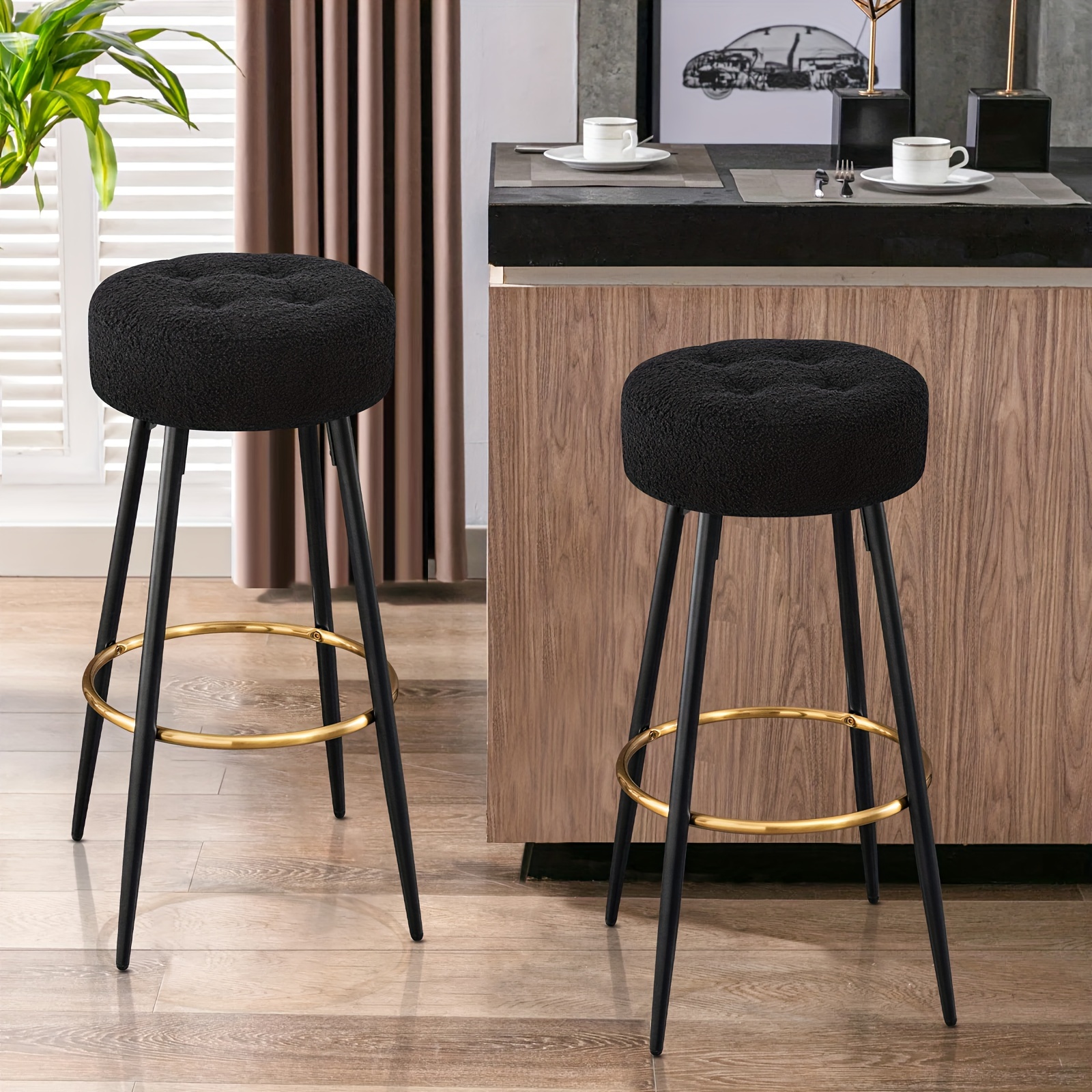 

Set Of 2 For Kitchen Bar Dining Room 30 Inch Height Round Faux Fur Bar Stools Upholstered Dining Chair Stools With Gold Footrest