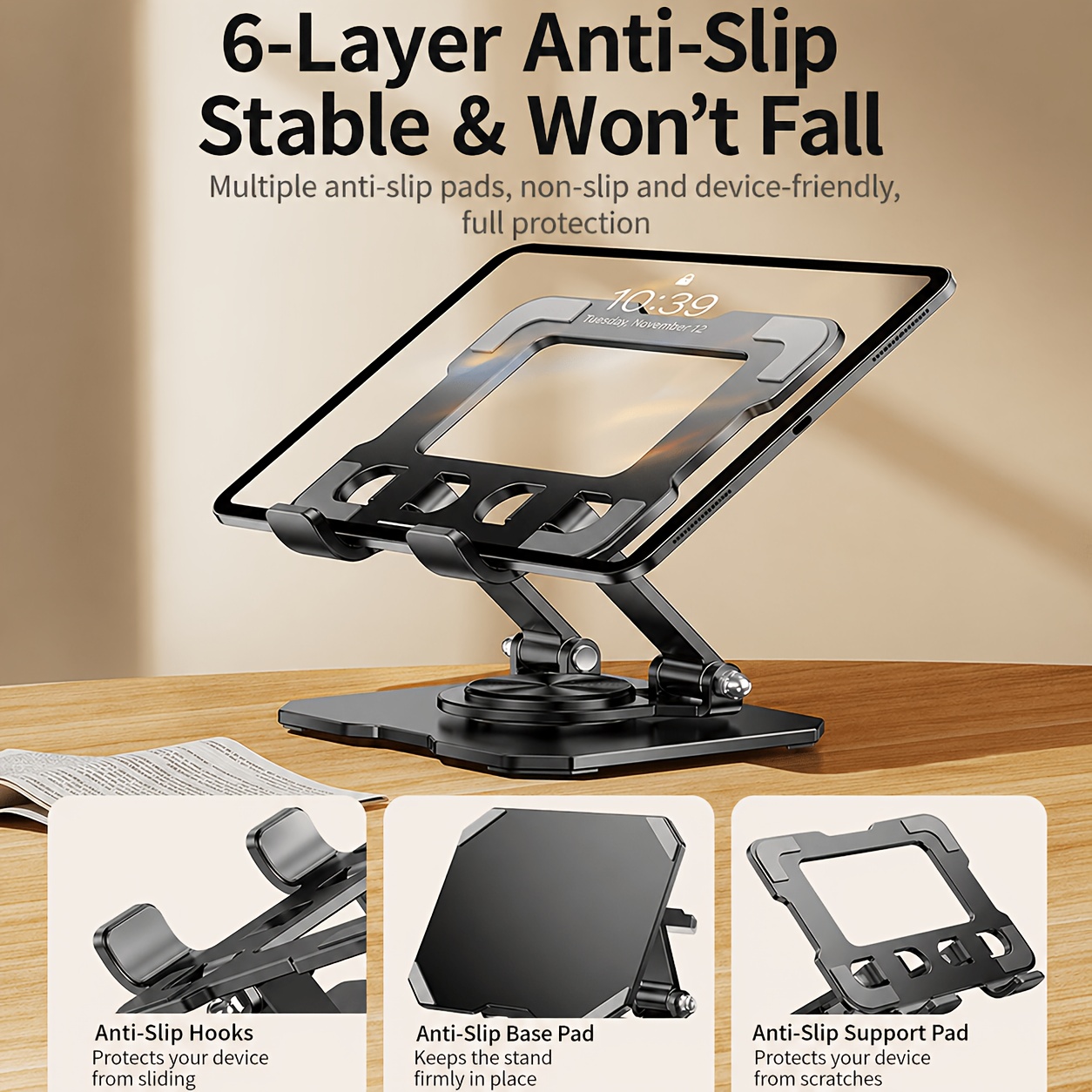 TEMU Soporte Metálico para Tablet, Soporte Ajustable y Plegable para Teléfono y Tablet de Escritorio, Soporte Universal para iPhone y iPad, Soporte