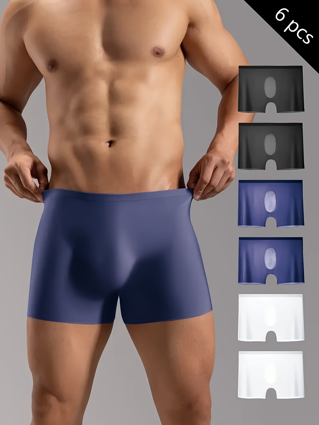 6pcs Men's Ice Silky Seamless Boxer Briefs - Breathable Quick-Dry Underwear, Semi-Sheer Stretch Fabric, 6 Colors (Navy/Black/White/Light Blue/Dark Grey/Beige) - Machine Washable for Gym & Casual Attire, Gymwear, Sleek Modern Look, Breathable Material