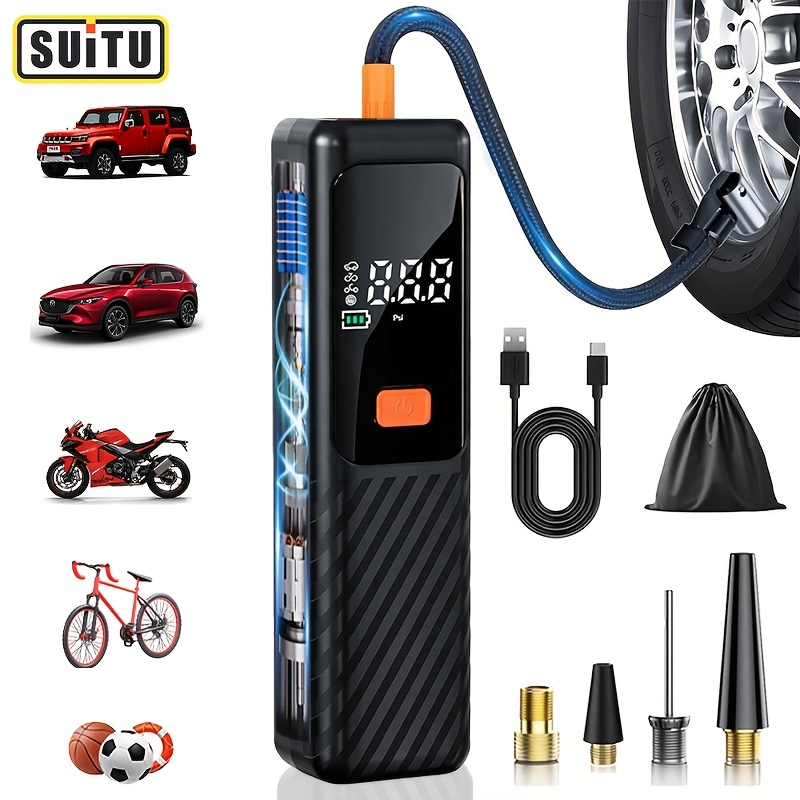 TEMU The Suitu Handheld Wireless Tire Inflator Is A Portable Electric Air Compressor With A Powerful 150psi Output. It Features Pressure Gauge, A