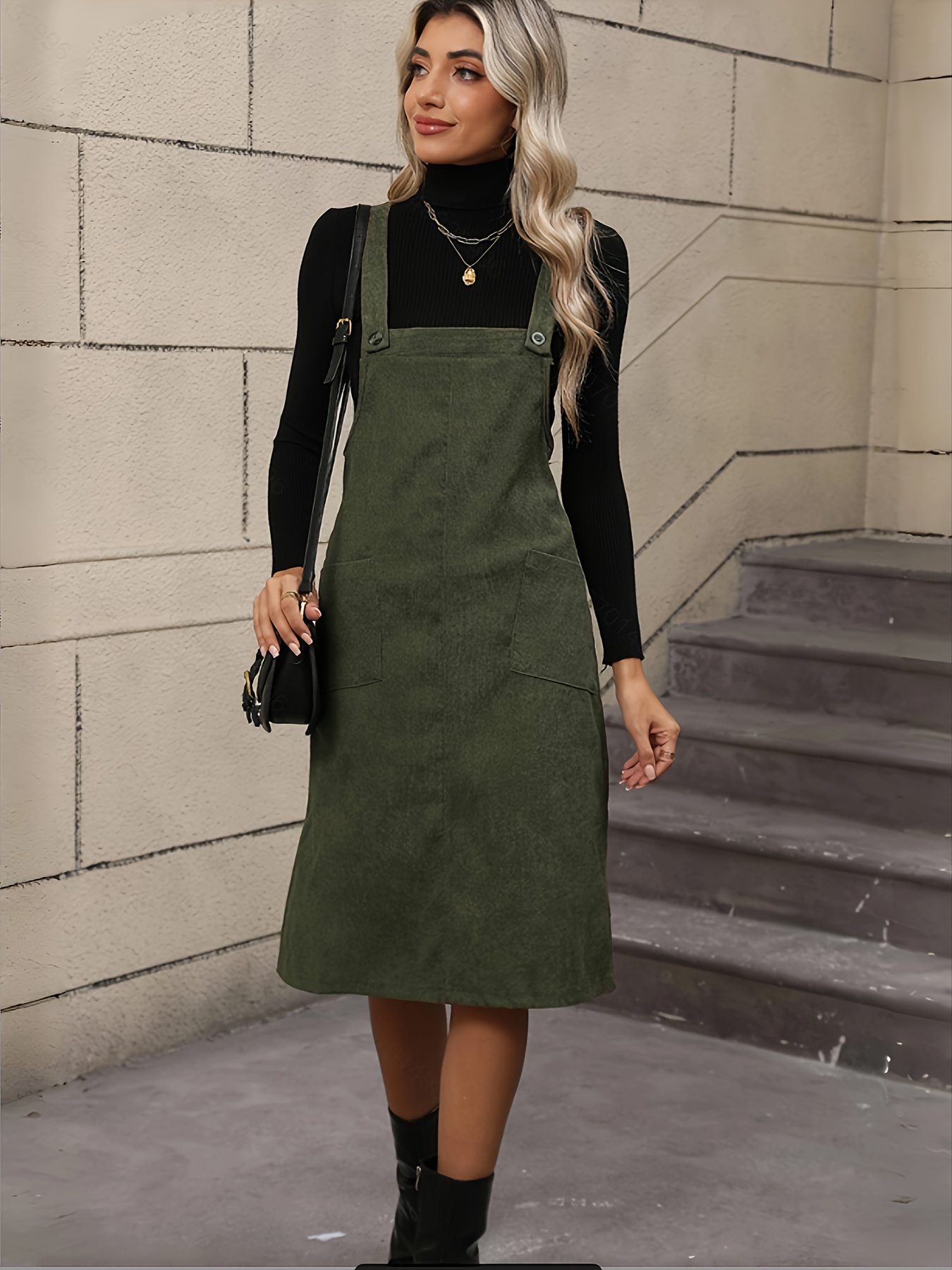green dress overalls Vineyard Green Solid Front Pockets Sleeveless Corduroy Overall Dress Vineyard Green / XL / 100%Polyester